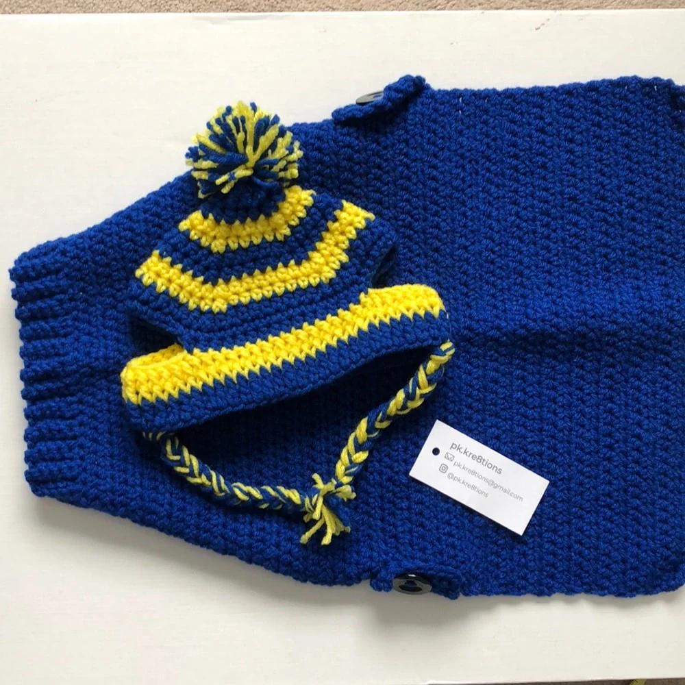 Handmade Crochet Dog sweater & Hat Blue Yellow